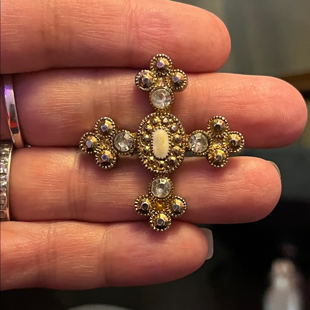 Gold Byzantine Style Cross Brooch w/ Clear Crystals and Ivory Center